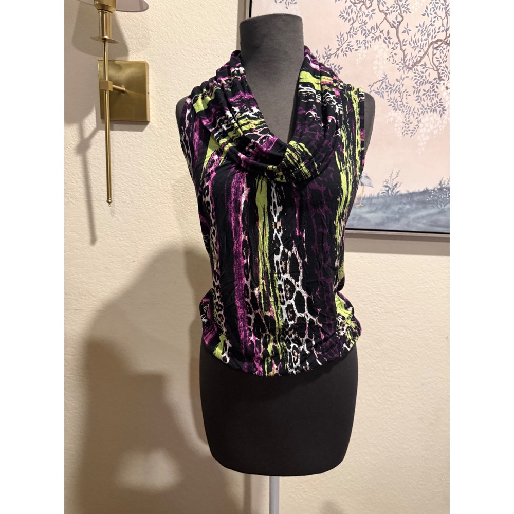 August Silk M Sleeveless Cowl Neck Blouse in Black, Purple & Lime